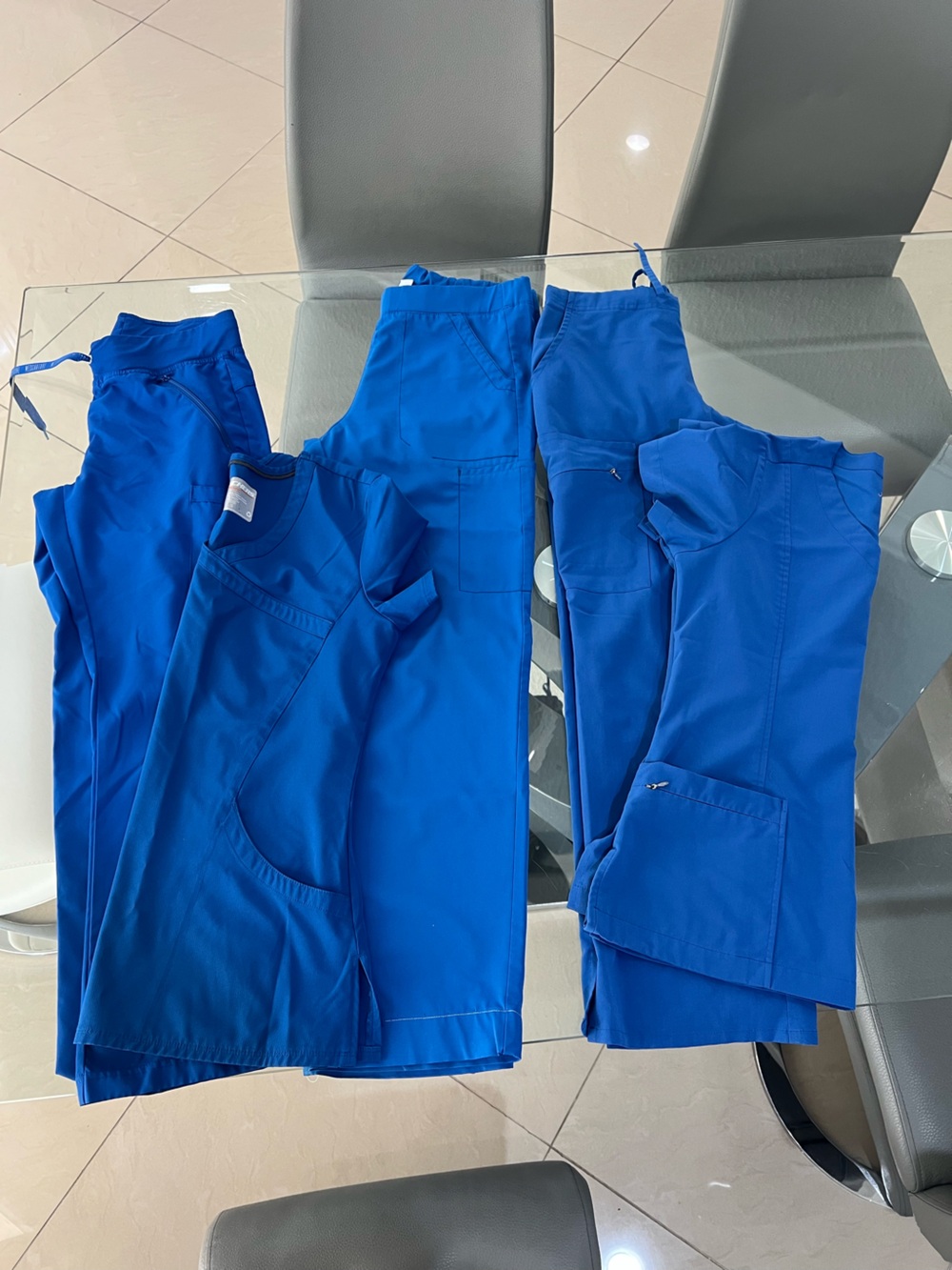 Blue Scrub Set – 2 Tops + 3 Pants Bundle size XS/S petite (different brands)